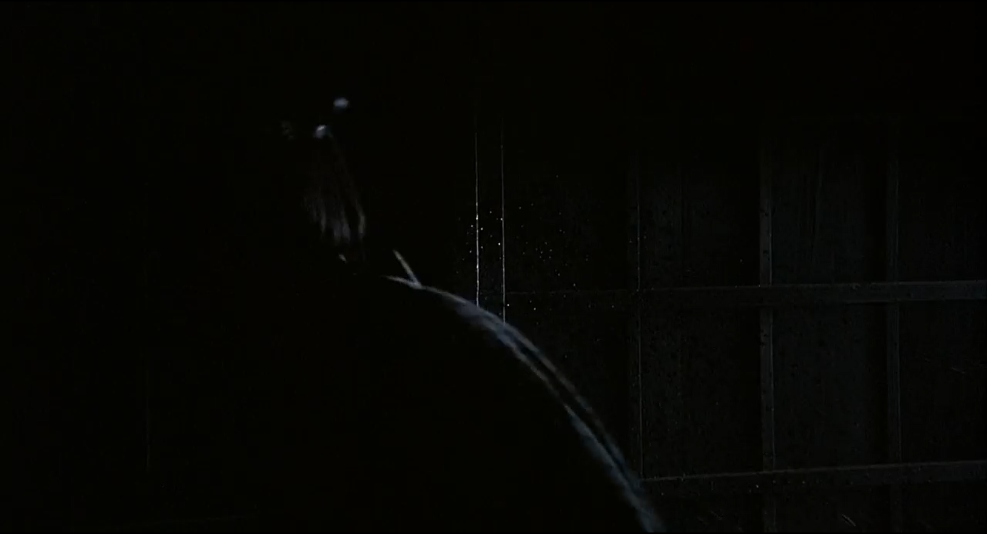 Shot 0370 from Zatoichi. Only a cool rim on the head and shoulder and a few pinprick reflections on the wet door survive; the rest is allowed to disappear.