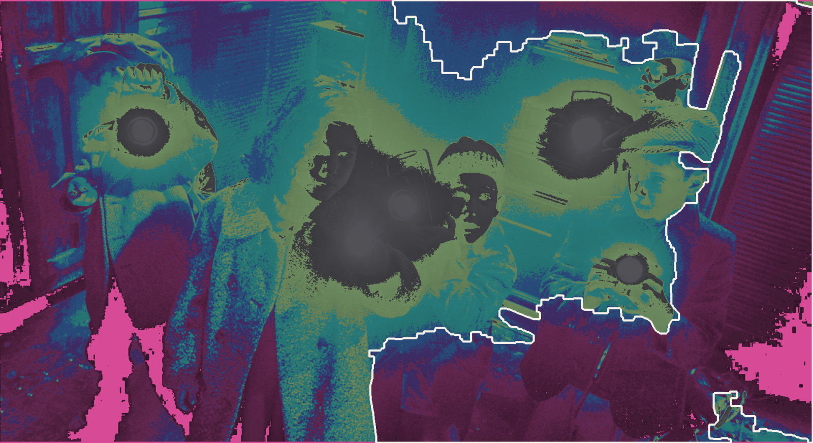 A black-geometry map of the same frame, the outer band of the picture painted in the deepest tonal bands and the lit centre in the shallowest.