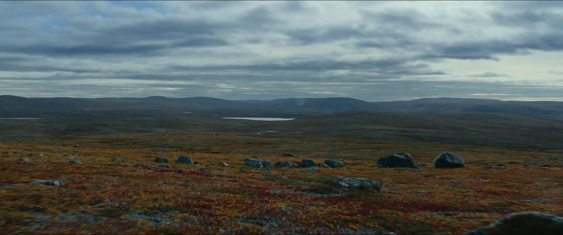 Shot 0015 from Sisu. The first photographed frame of the film gives the tundra a full tonal spread and no allegiance: warm balance sits at 0.37, almost exactly between the two hue families.