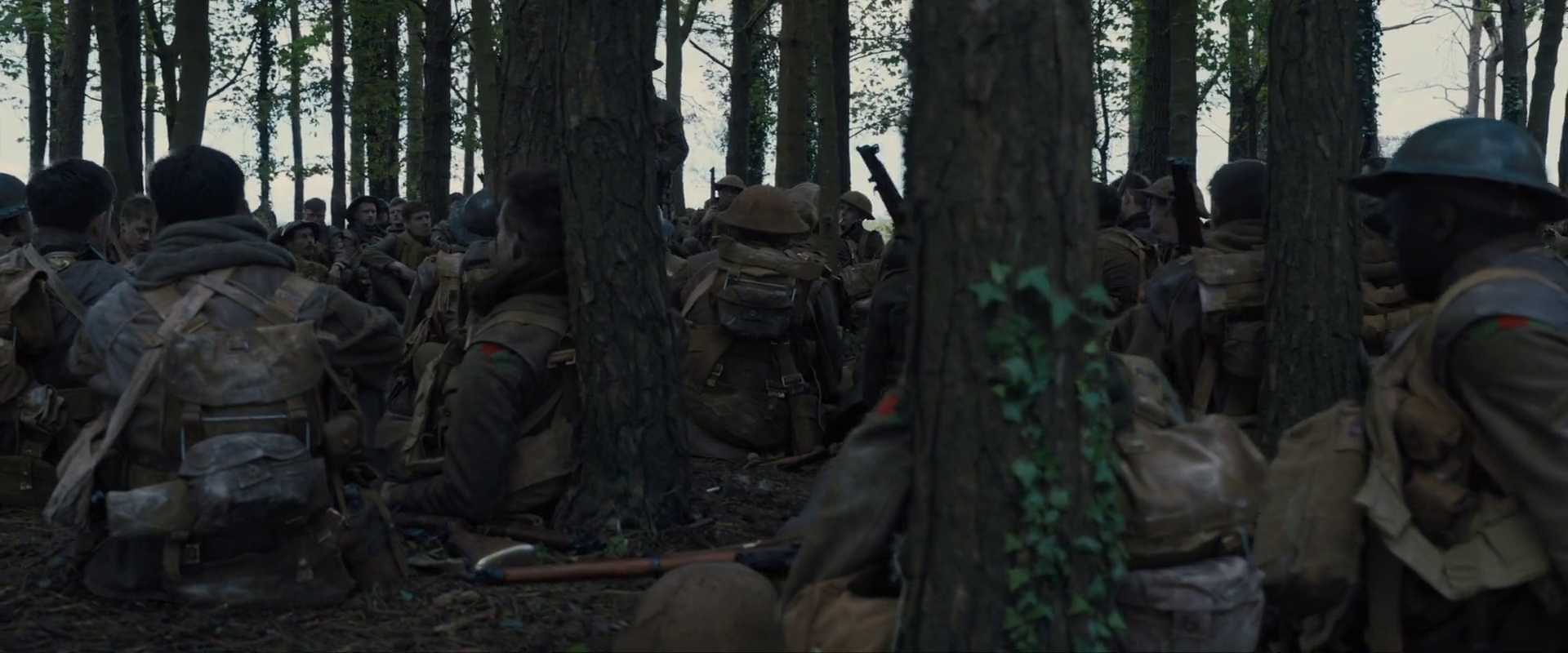Sample 2732 from 1917 at 1:31:07. Trunks divide the frame into dark verticals and the seated soldiers between them read as one continuous mass; chroma is very low, so the wood is described almost entirely by value.