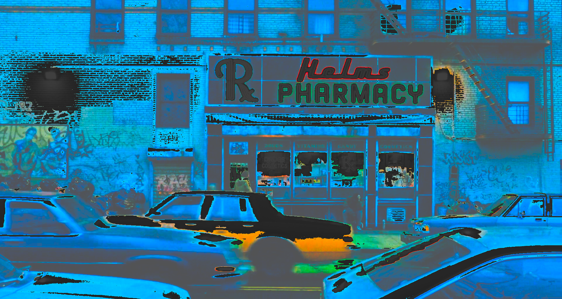 The same street with its dark areas lifted and intensified: brick, cars and pavement all turn blue-cyan, the taxi alone stays amber.