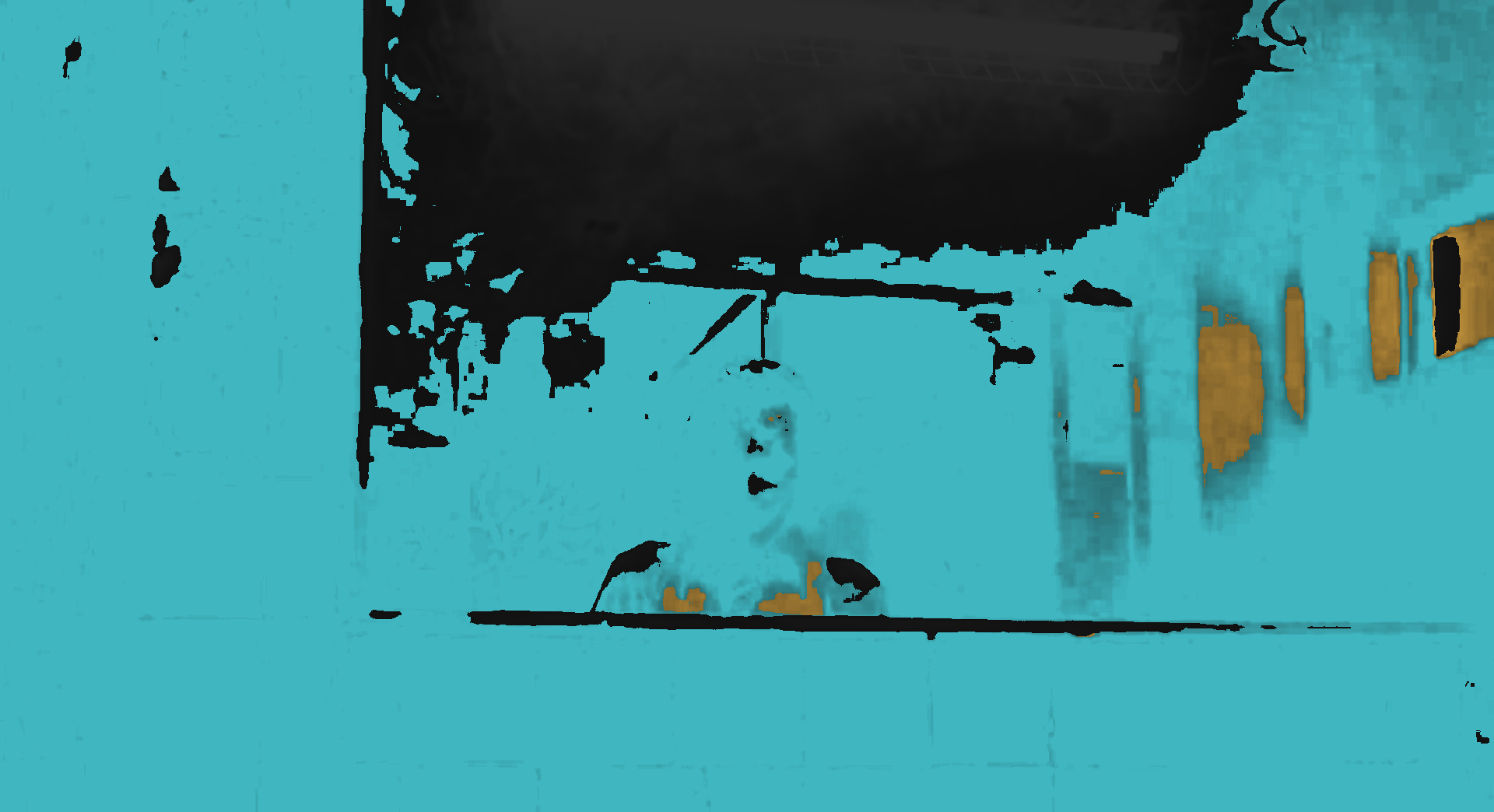 The same frame with every dark pixel painted cyan: nearly all of the room's darkness has red as its lowest channel.