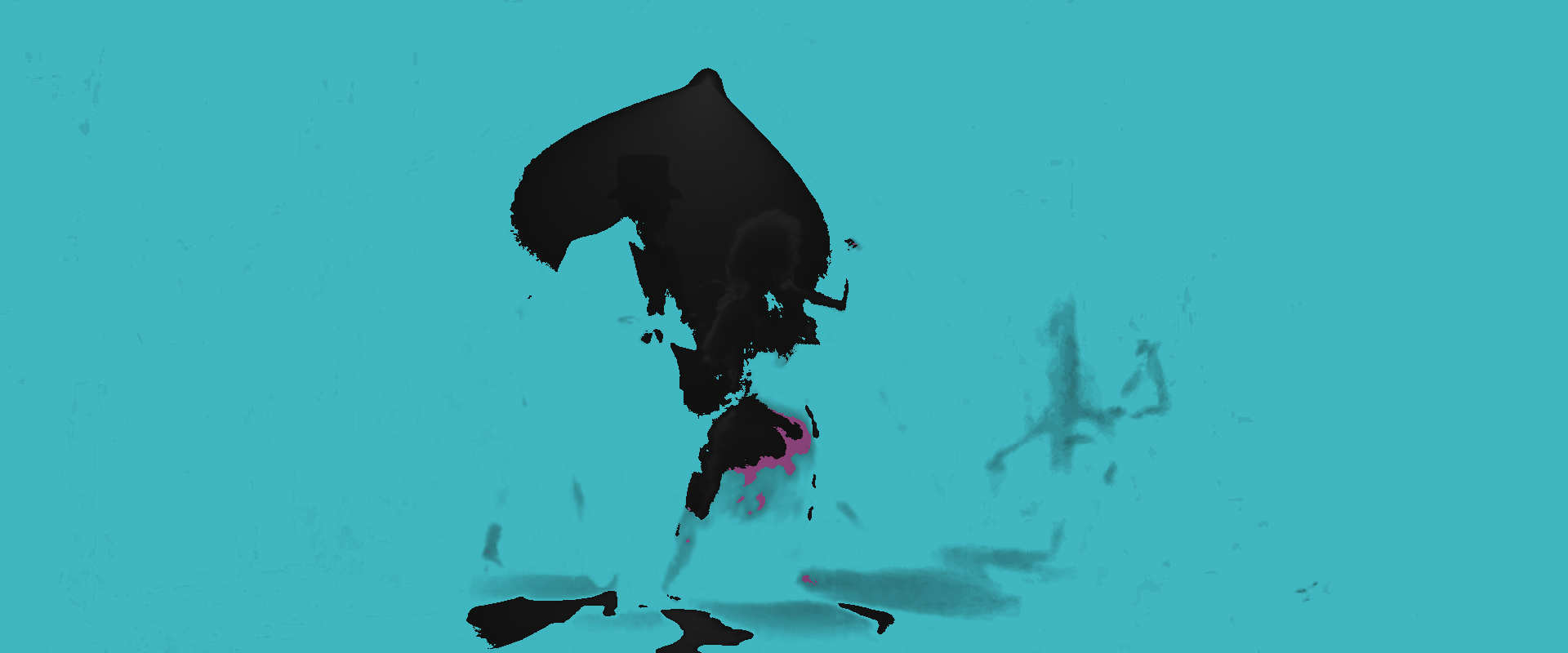 Two dancers under a single spotlight in a black club, painted so every dark pixel is cyan.
