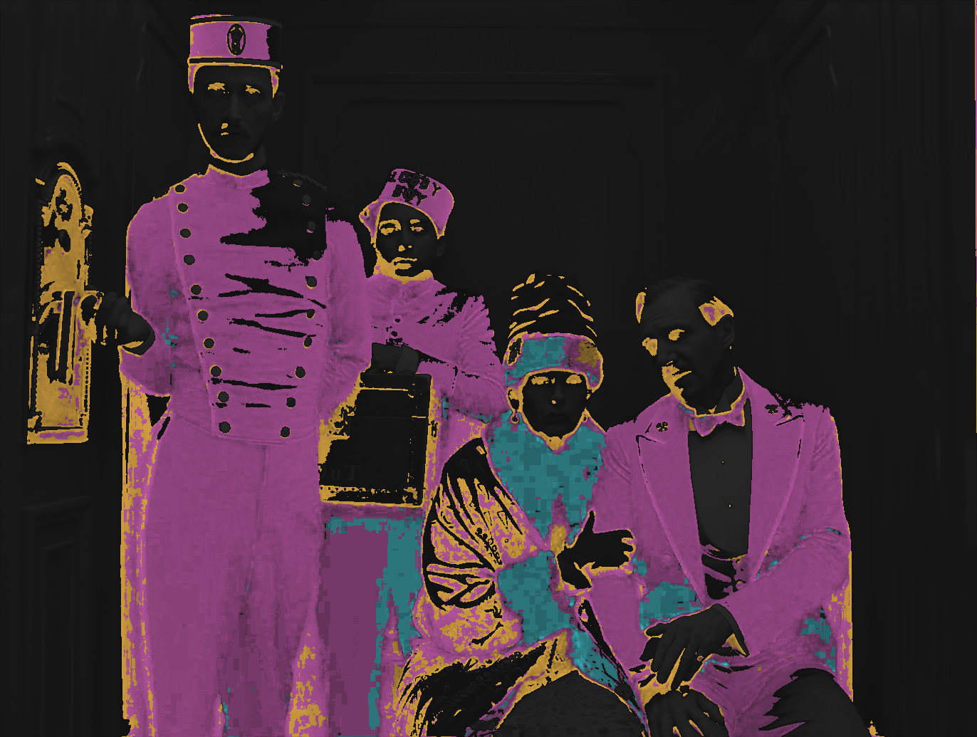 The same elevator with the purple uniforms painted magenta and the red walls grey: green is the lowest channel in their shadows.