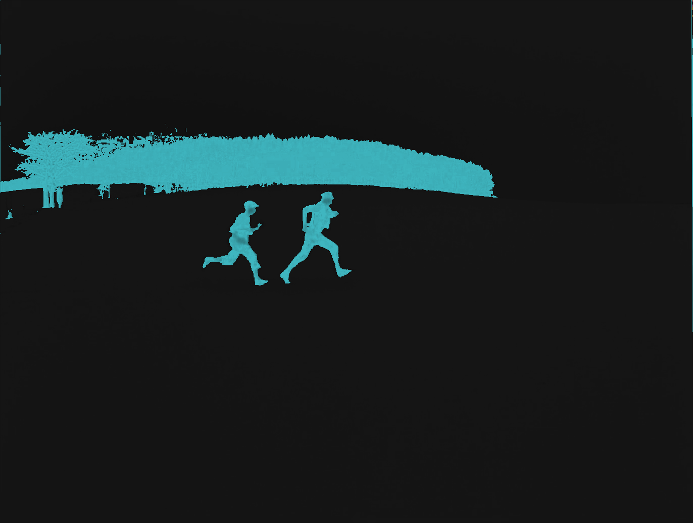 Two small figures on a blue snowfield, the few dark pixels of the figures and trees painted cyan.