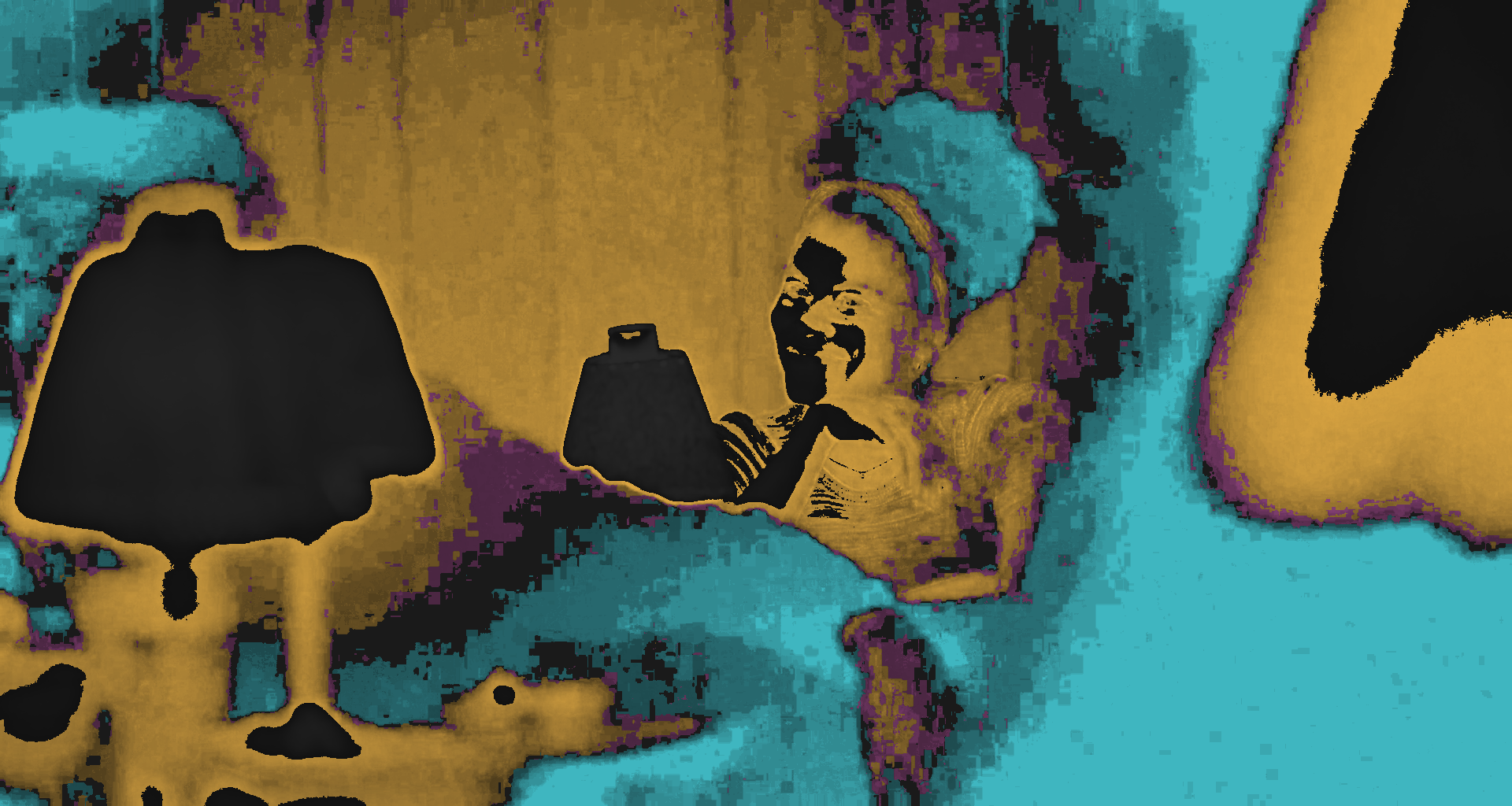 A woman smiling beside red-shaded table lamps in a dark club, every dark pixel painted amber.