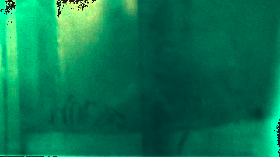 A dark green interior magnified and lifted, with fine grain and soft light.