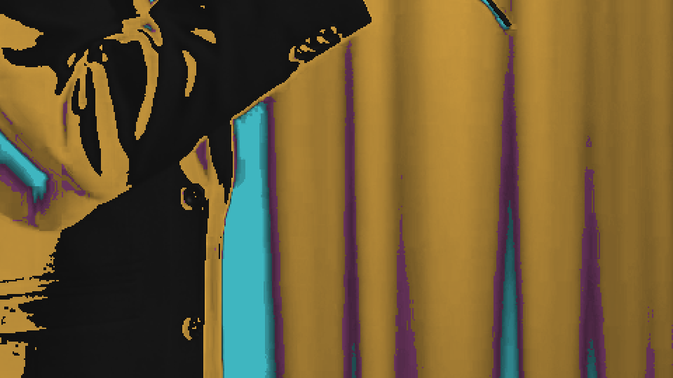 The curtain painted almost entirely amber, smooth along its folds.