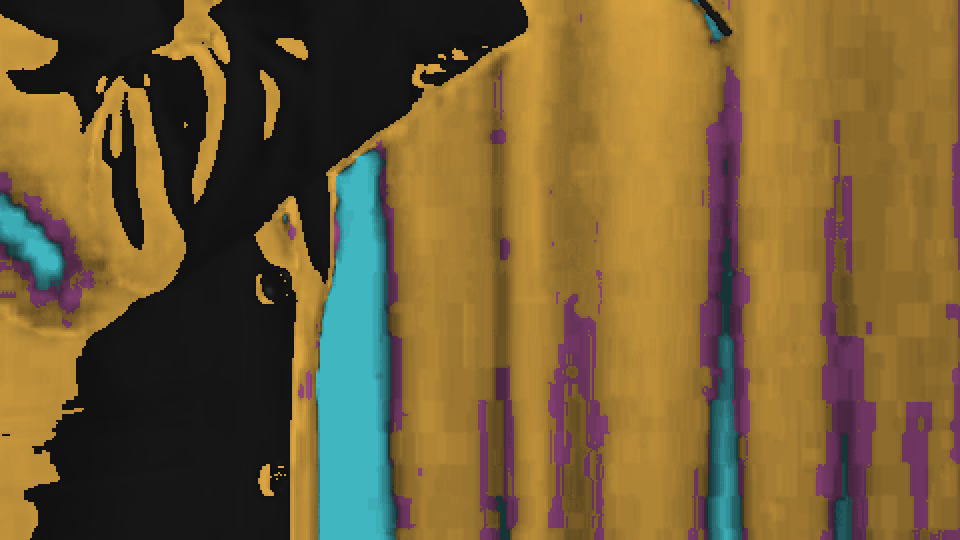 The same curtain from the web copy, amber broken by blocky magenta patches along the folds.