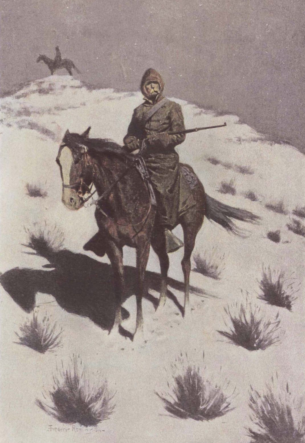 A muffled rider on a dark horse crossing a snow slope under a pale grey sky.