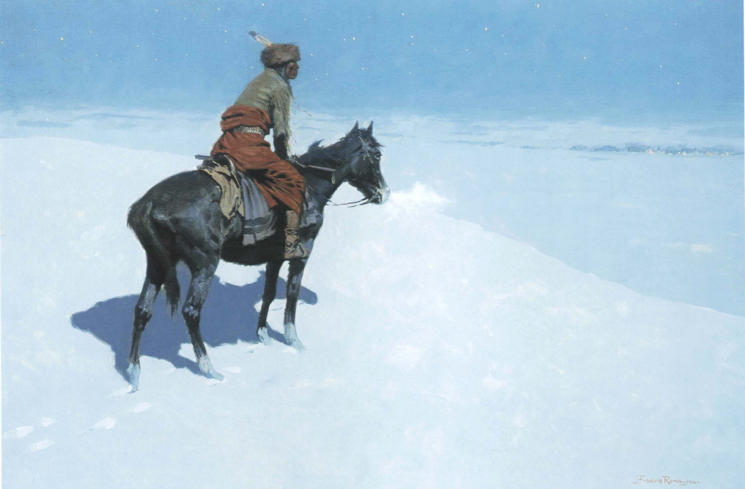 A mounted scout on a dark horse silhouetted against a sunlit snow field and blue sky.