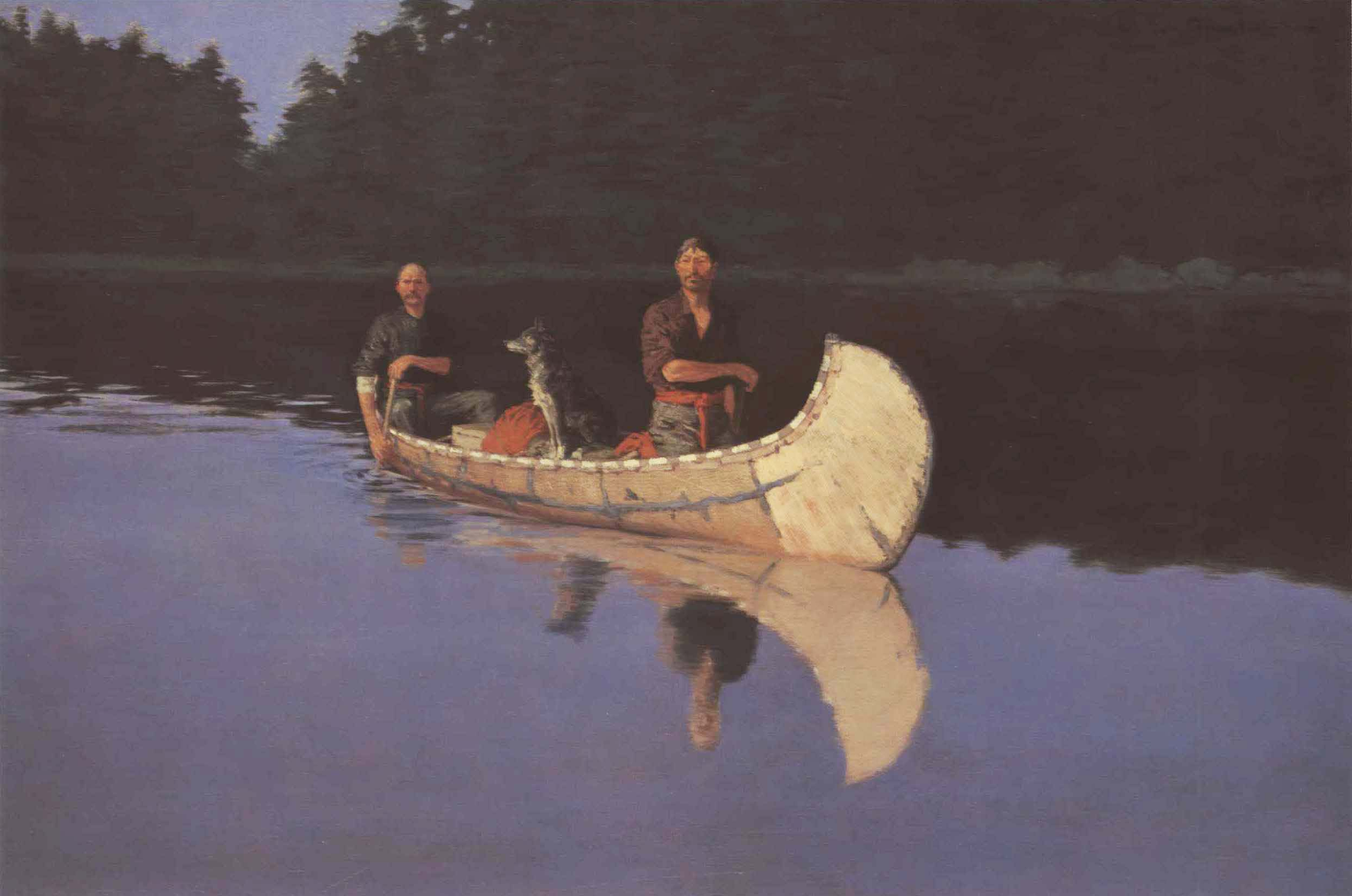 Two figures and a dog in a birchbark canoe on a still lake at dusk, with a dark forest shore.