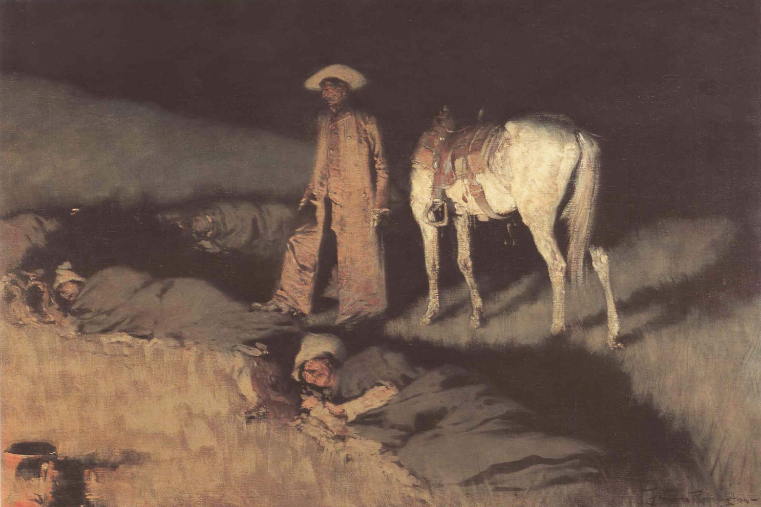A standing figure and a white horse over a body on tan grassland at night.