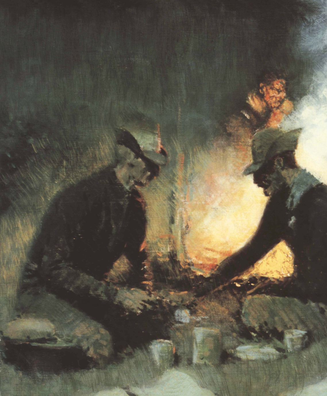 Two men crouched at a cooking fire in a dark camp, one face lit across the flames.