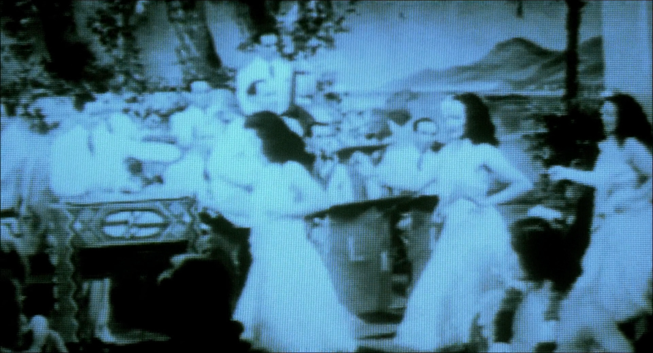 A degraded blue television image with static and a barely visible figure.